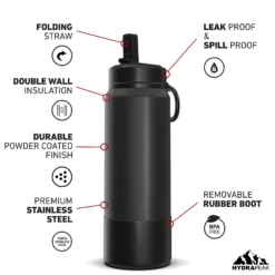 26oz Insulated Water Bottles With Matching Straw Lid And Rubber Boot- Black -HYDRAPEAK Sales 26ozsportbootSTRAW20Blac