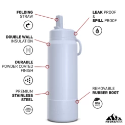 26oz Insulated Water Bottles With Matching Straw Lid And Rubber Boot - Ice -HYDRAPEAK Sales 26ozsportbootSTRAW20ic