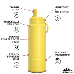 26oz Insulated Water Bottles With Matching Straw Lid And Rubber Boot - Lemon 11 26oz Insulated Water Bottles With Matching Straw Lid And Rubber Boot - Lemon -HYDRAPEAK Sales 26ozsportbootSTRAW20lemo