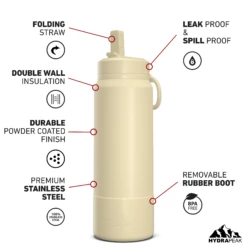 26oz Insulated Water Bottles With Matching Straw Lid And Rubber Boot- Modern Cream -HYDRAPEAK Sales 26ozsportbootSTRAW20moderncrea