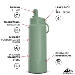 26oz Insulated Water Bottles With Matching Straw Lid And Rubber Boot- Sage -HYDRAPEAK Sales 26ozsportbootSTRAW20sage