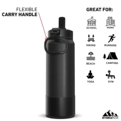 26oz Insulated Water Bottles With Matching Straw Lid And Rubber Boot- Black -HYDRAPEAK Sales 26ozsportbootSTRAWbackBlac