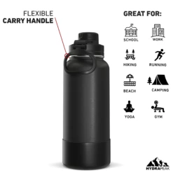 32oz Insulated Water Bottles With Matching Chug Lid And Rubber Boot- Black -HYDRAPEAK Sales 32ozsportchugBACKBLac