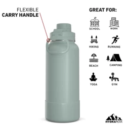 32oz Insulated Water Bottles With Matching Chug Lid And Rubber Boot- Pale Sage -HYDRAPEAK Sales 32ozsportchugBACKpaleSAG