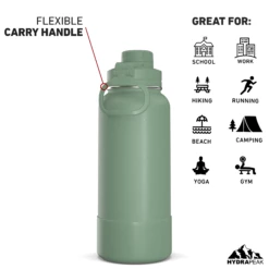 32oz Insulated Water Bottles With Matching Chug Lid And Rubber Boot- Sage -HYDRAPEAK Sales 32ozsportchugBACKsage