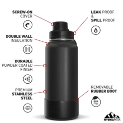32oz Insulated Water Bottles With Matching Chug Lid And Rubber Boot- Black -HYDRAPEAK Sales 32ozsportchugturnBlack