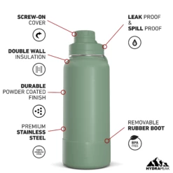 32oz Insulated Water Bottles With Matching Chug Lid And Rubber Boot- Sage -HYDRAPEAK Sales 32ozsportchugturnSage