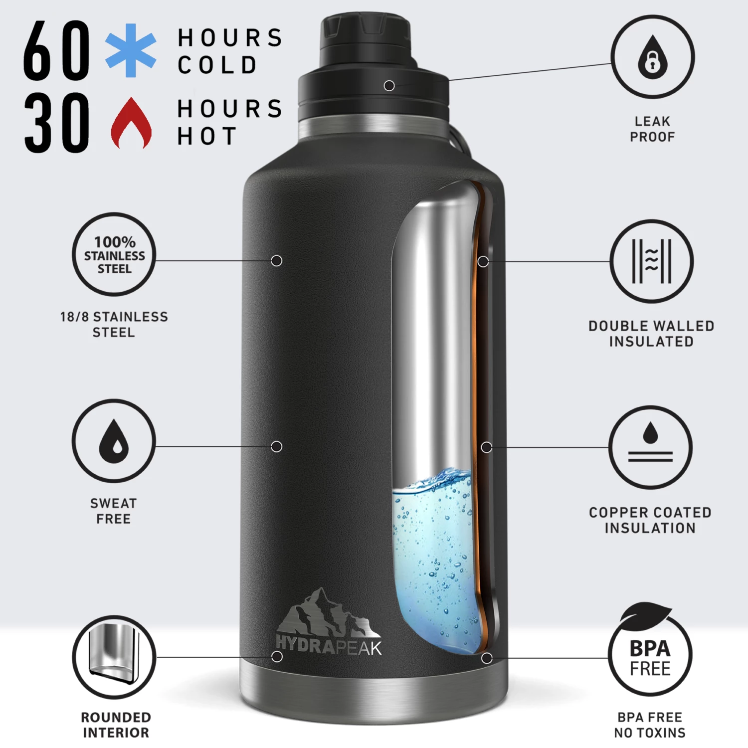 72oz Stainless Steel Insulated Water Bottle With Flexible Chug Lid- Black 6 72oz Stainless Steel Insulated Water Bottle With Flexible Chug Lid- Black - Image 4