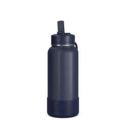 32oz Insulated Water Bottles With Matching Straw Lid And Rubber Boot- Navy
