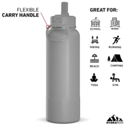 40oz Insulated Water Bottles With Matching Straw Lid And Rubber Boot - Grey -HYDRAPEAK Sales HP SPORTBOOT 40 Back 20d Grey