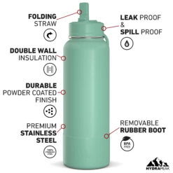 40oz Insulated Water Bottles With Matching Straw Lid And Rubber Boot - Pale Sage -HYDRAPEAK Sales HP SPORTBOOT 40 Front 20d PaleSage