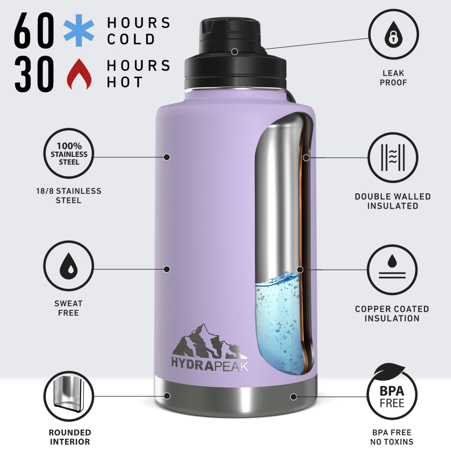 50oz Stainless Steel Insulated Large Water Bottle With Chug Lid - Lavender 6 50oz Stainless Steel Insulated Large Water Bottle With Chug Lid - Lavender - Image 4