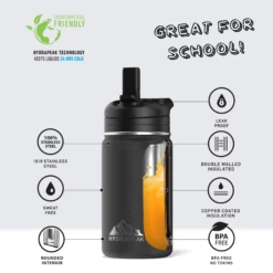 Mini 14oz Stainless Steel Kids Water Bottle With Straw Lid - Black -HYDRAPEAK Sales infographMINIblackwtext
