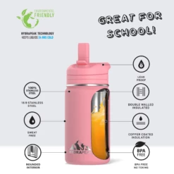 Mini 14oz Stainless Steel Kids Water Bottle With Straw Lid- Bubblegum -HYDRAPEAK Sales infographMINIbubblegumwtext