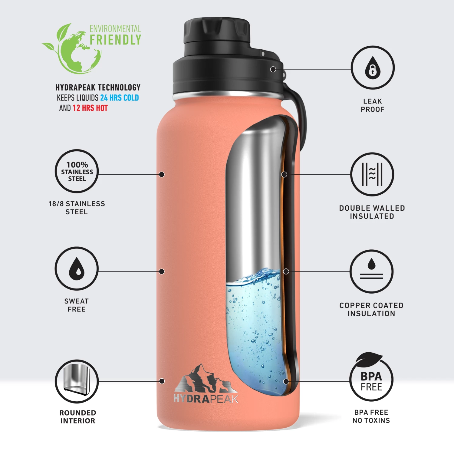32oz Stainless Steel Insulated Water Bottle With Flexible Chug Lid- Peach 6 32oz Stainless Steel Insulated Water Bottle With Flexible Chug Lid- Peach - Image 4